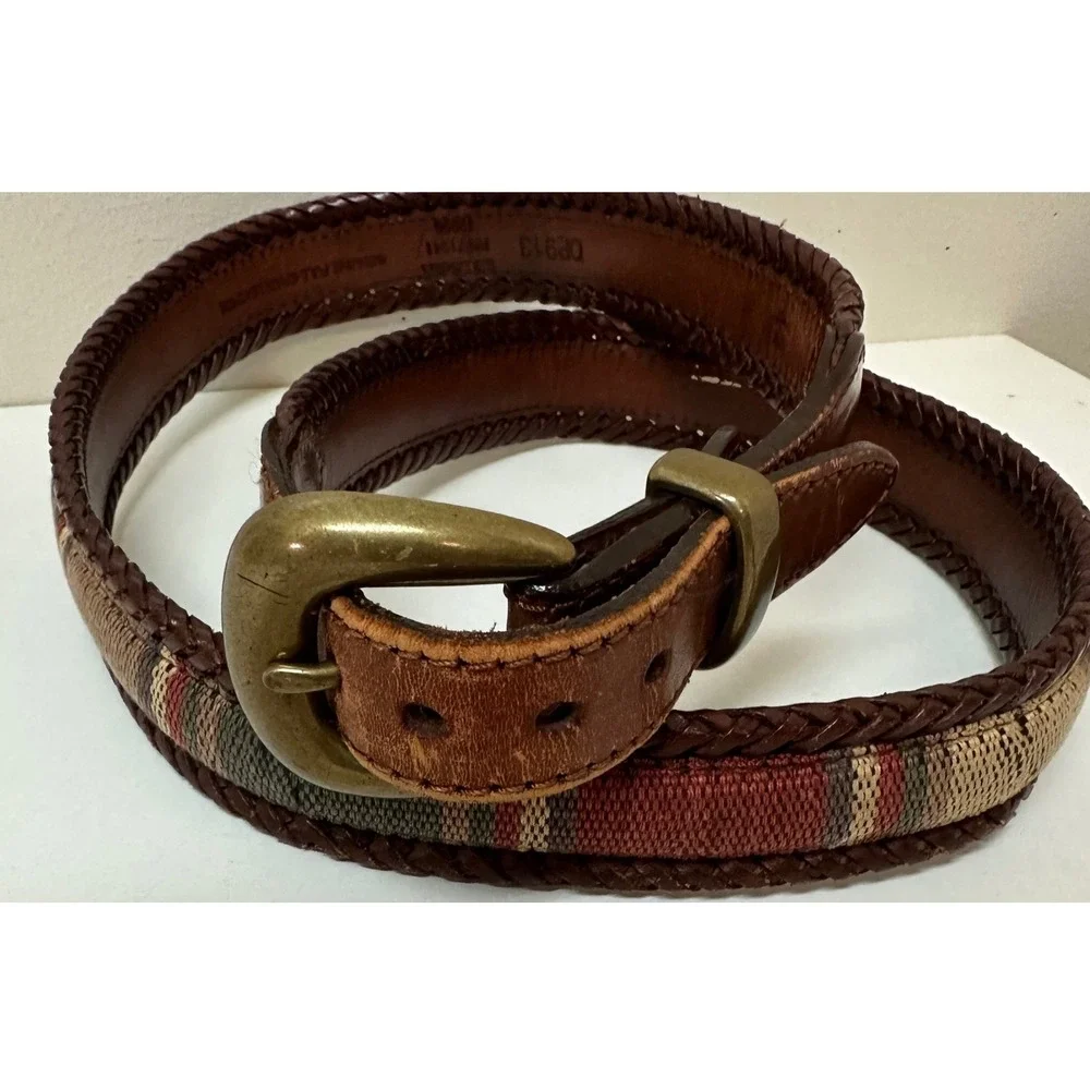 LL Bean Men's 42 Brown Leather Braided Belt Southwestern Woven Inlay Brass